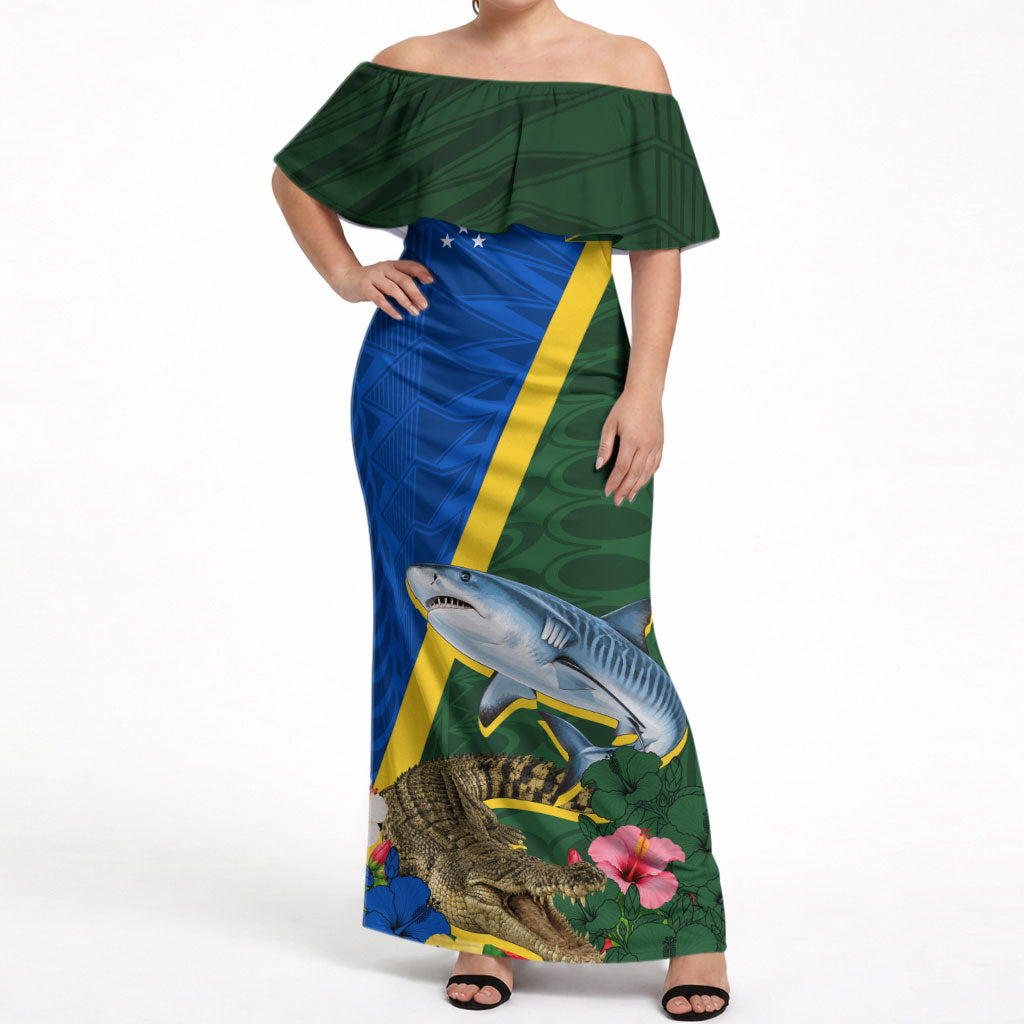 Personalized Solomon Islands Coat Of Arms Off Shoulder Maxi Dress Patriotic Flag Shark Crocodile Tropical Floral TS04 Women Blue Green - Polynesian Pride