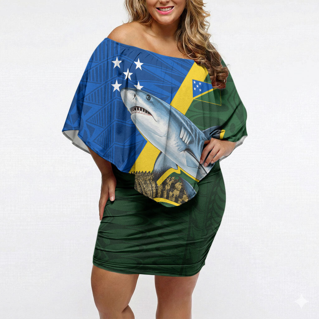 Personalized Solomon Islands Coat Of Arms Off Shoulder Short Dress Patriotic Flag Shark Crocodile Tropical Floral TS04 Women Blue Green - Polynesian Pride