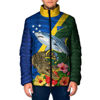 Personalized Solomon Islands Coat Of Arms Padded Jacket Patriotic Flag Shark Crocodile Tropical Floral TS04 Men Blue Green - Polynesian Pride