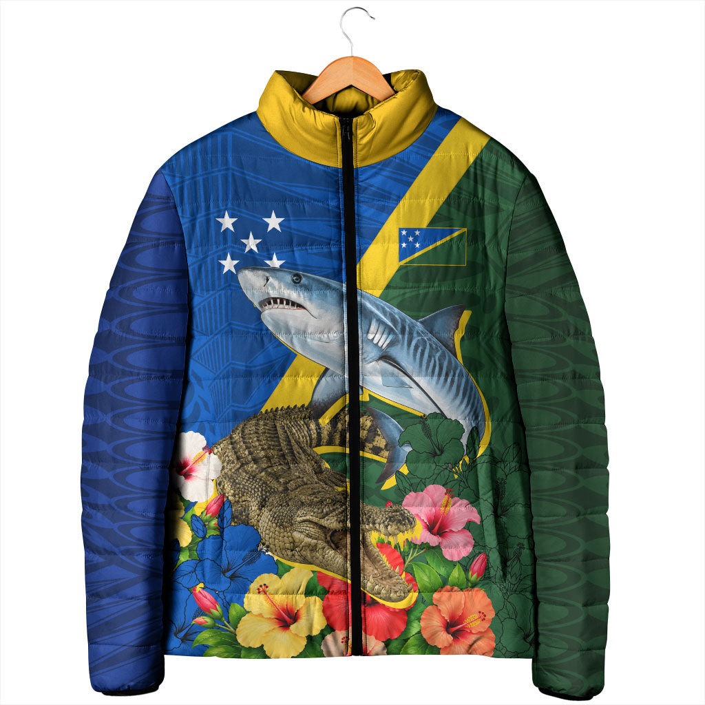 Personalized Solomon Islands Coat Of Arms Padded Jacket Patriotic Flag Shark Crocodile Tropical Floral TS04 - Polynesian Pride