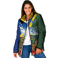Personalized Solomon Islands Coat Of Arms Padded Jacket Patriotic Flag Shark Crocodile Tropical Floral TS04 Women Blue Green - Polynesian Pride
