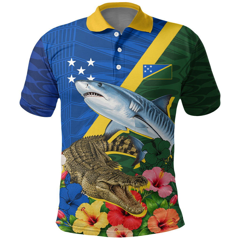 Personalized Solomon Islands Coat Of Arms Polo Shirt Patriotic Flag Shark Crocodile Tropical Floral TS04 Blue Green - Polynesian Pride