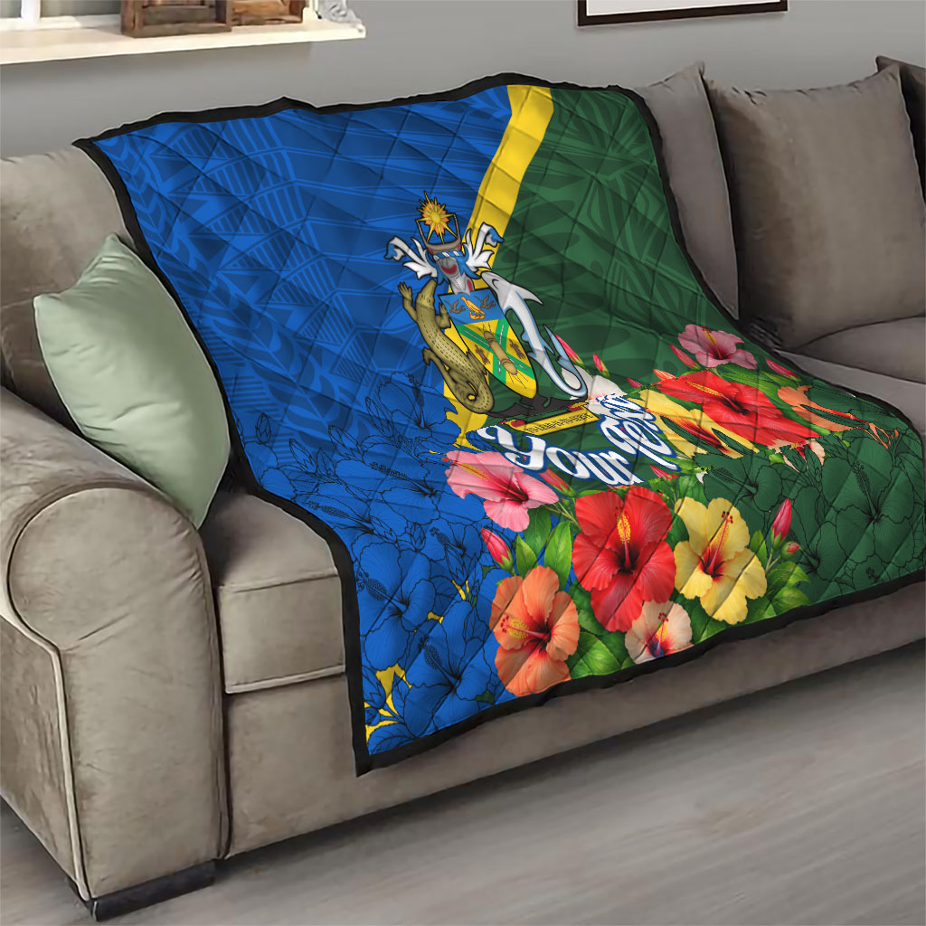 Personalized Solomon Islands Coat Of Arms Quilt Patriotic Flag Shark Crocodile Tropical Floral TS04 - Polynesian Pride