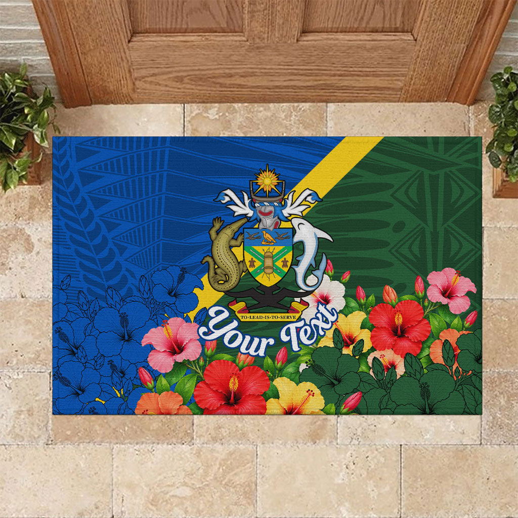 Personalized Solomon Islands Coat Of Arms Rubber Doormat Patriotic Flag Shark Crocodile Tropical Floral TS04 Blue Green - Polynesian Pride