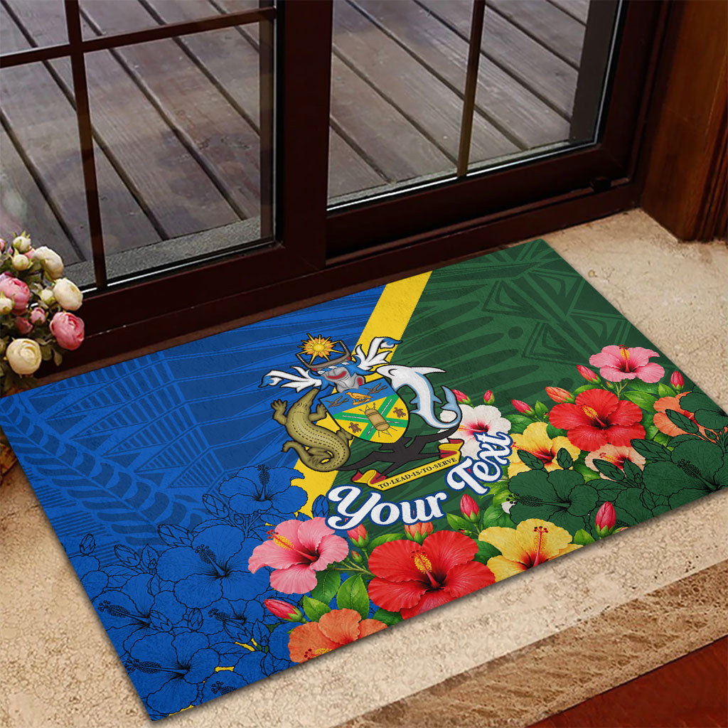 Personalized Solomon Islands Coat Of Arms Rubber Doormat Patriotic Flag Shark Crocodile Tropical Floral TS04 - Polynesian Pride