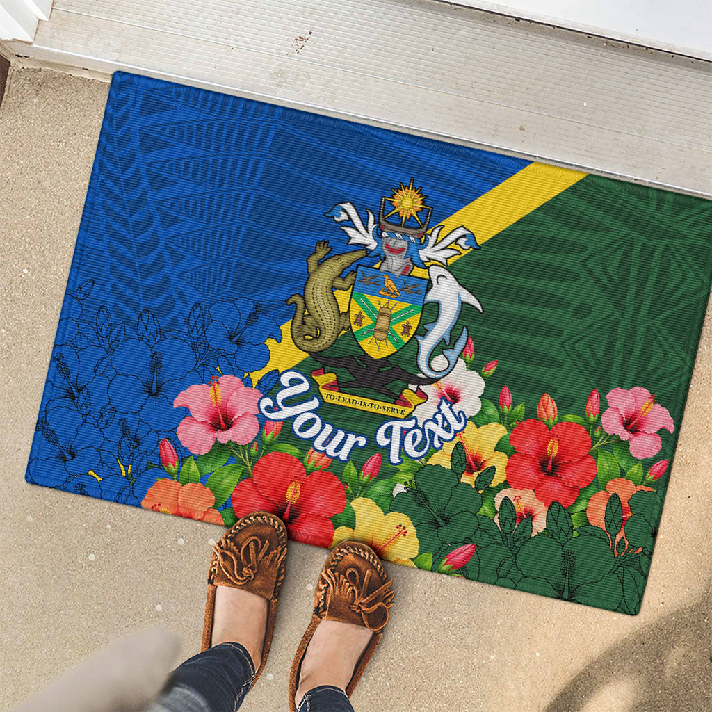 Personalized Solomon Islands Coat Of Arms Rubber Doormat Patriotic Flag Shark Crocodile Tropical Floral TS04 - Polynesian Pride