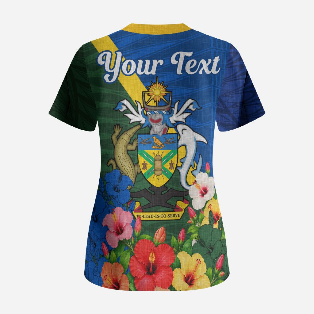 Personalized Solomon Islands Coat Of Arms Scrub Top Patriotic Flag Shark Crocodile Tropical Floral TS04 - Polynesian Pride