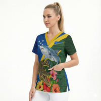 Personalized Solomon Islands Coat Of Arms Scrub Top Patriotic Flag Shark Crocodile Tropical Floral TS04 - Polynesian Pride