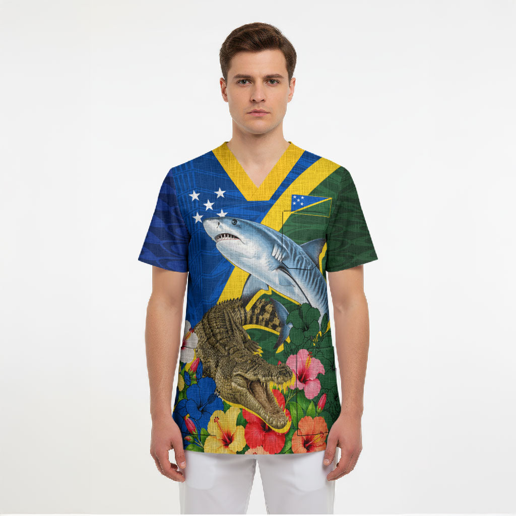 Personalized Solomon Islands Coat Of Arms Scrub Top Patriotic Flag Shark Crocodile Tropical Floral TS04 - Polynesian Pride