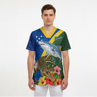 Personalized Solomon Islands Coat Of Arms Scrub Top Patriotic Flag Shark Crocodile Tropical Floral TS04 - Polynesian Pride