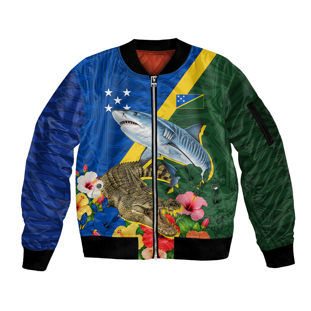 Personalized Solomon Islands Coat Of Arms Sleeve Zip Bomber Jacket Patriotic Flag Shark Crocodile Tropical Floral TS04 Unisex Blue Green - Polynesian Pride