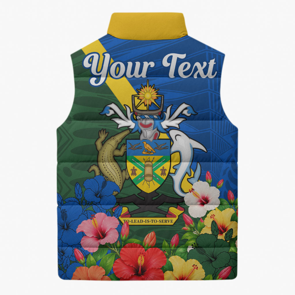 Personalized Solomon Islands Coat Of Arms Sleeveless Puffer Jacket Patriotic Flag Shark Crocodile Tropical Floral TS04 - Polynesian Pride