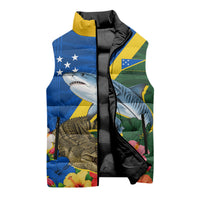 Personalized Solomon Islands Coat Of Arms Sleeveless Puffer Jacket Patriotic Flag Shark Crocodile Tropical Floral TS04 - Polynesian Pride