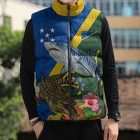 Personalized Solomon Islands Coat Of Arms Sleeveless Puffer Jacket Patriotic Flag Shark Crocodile Tropical Floral TS04 - Polynesian Pride