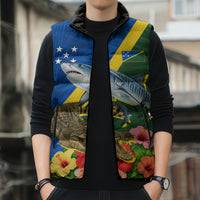 Personalized Solomon Islands Coat Of Arms Sleeveless Puffer Jacket Patriotic Flag Shark Crocodile Tropical Floral TS04 - Polynesian Pride