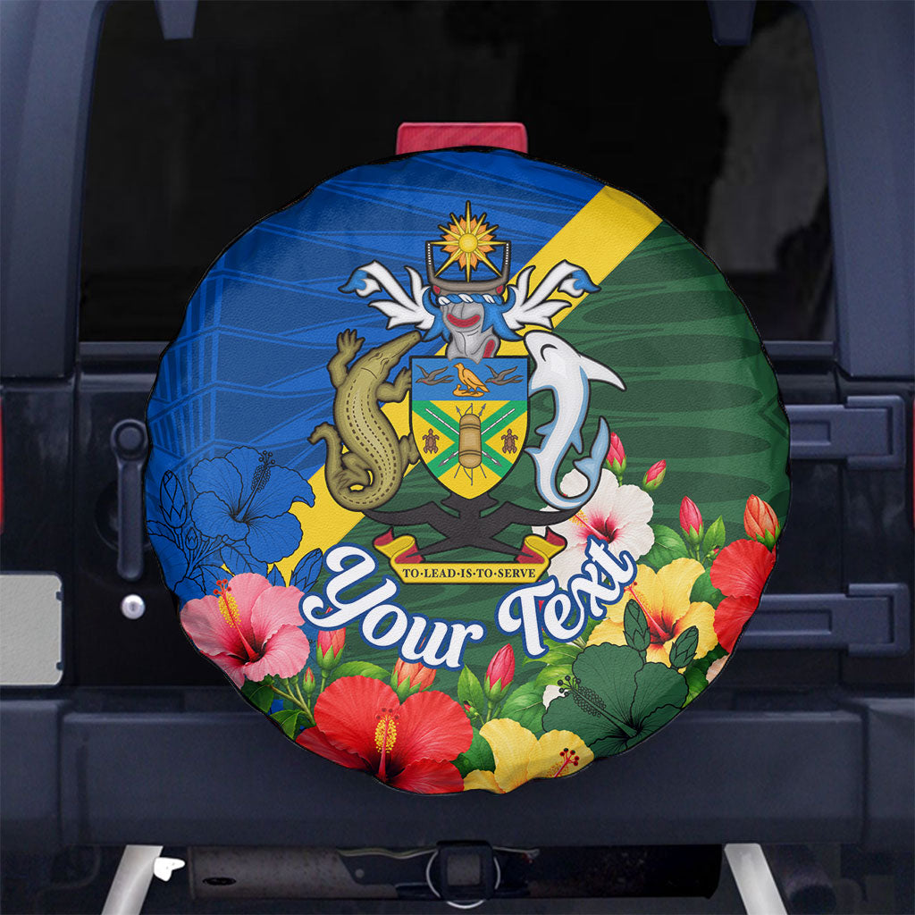Personalized Solomon Islands Coat Of Arms Spare Tire Cover Patriotic Flag Shark Crocodile Tropical Floral TS04 No hole Blue Green - Polynesian Pride