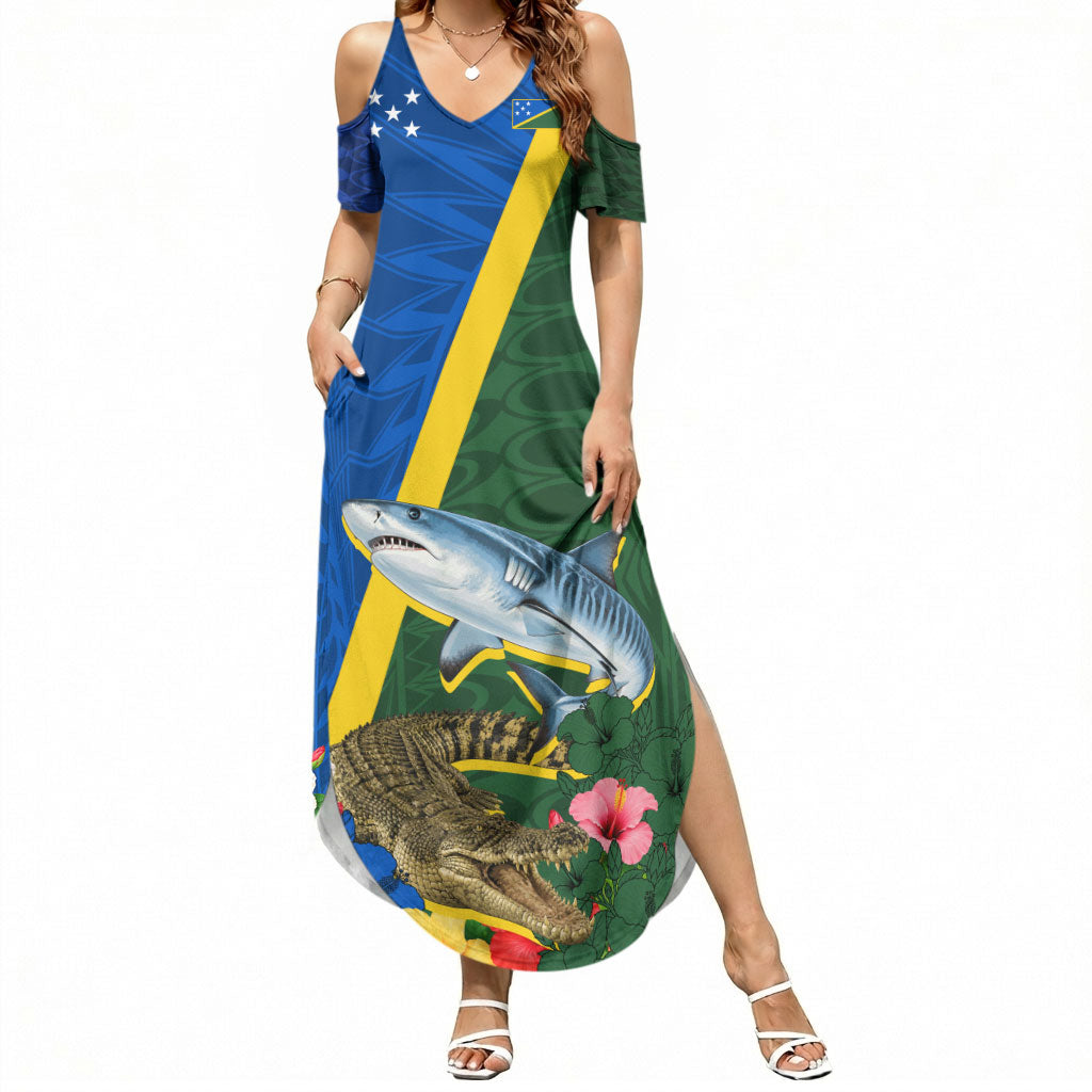 Personalized Solomon Islands Coat Of Arms Summer Maxi Dress Patriotic Flag Shark Crocodile Tropical Floral TS04 Women Blue Green - Polynesian Pride