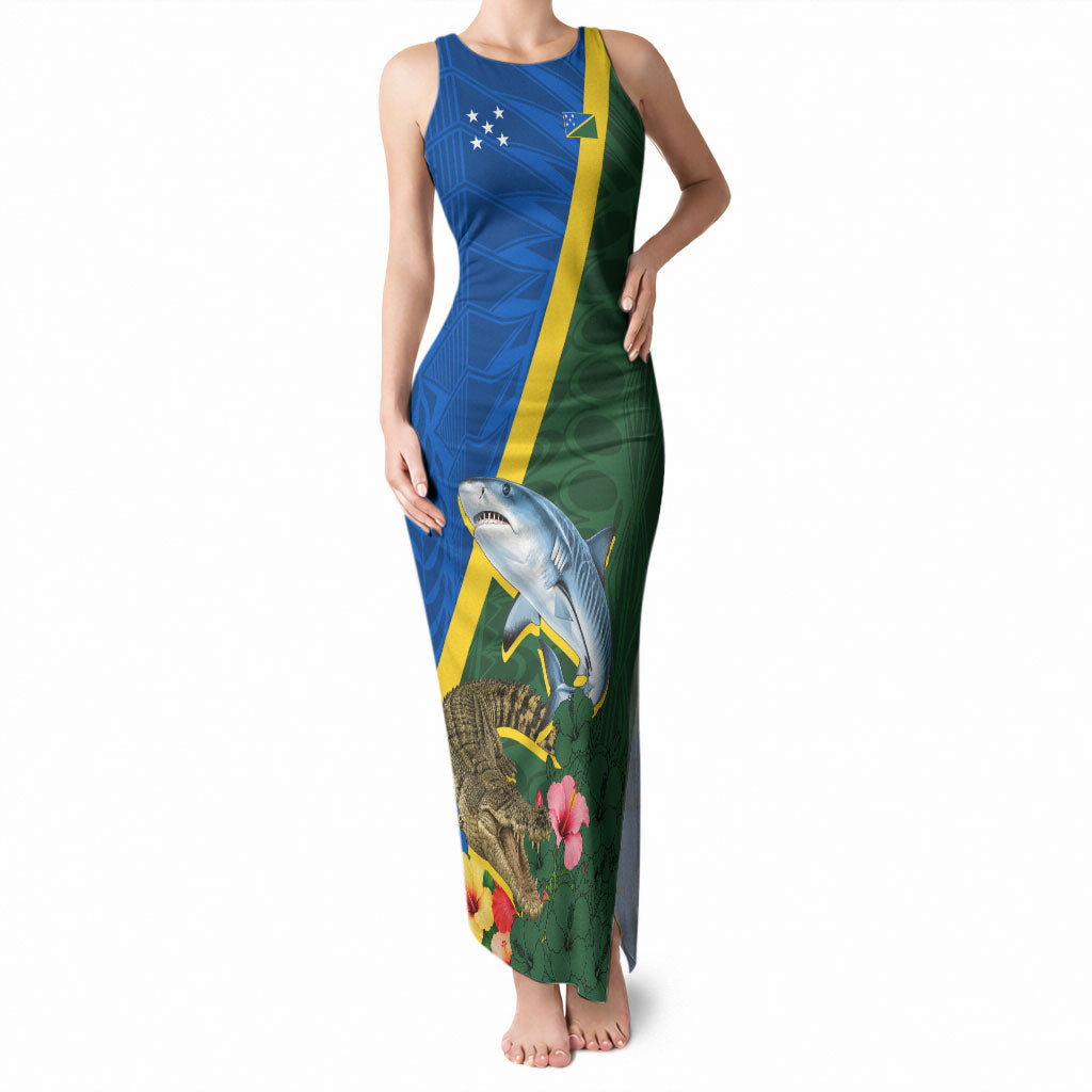 Personalized Solomon Islands Coat Of Arms Tank Maxi Dress Patriotic Flag Shark Crocodile Tropical Floral TS04 Women Blue Green - Polynesian Pride