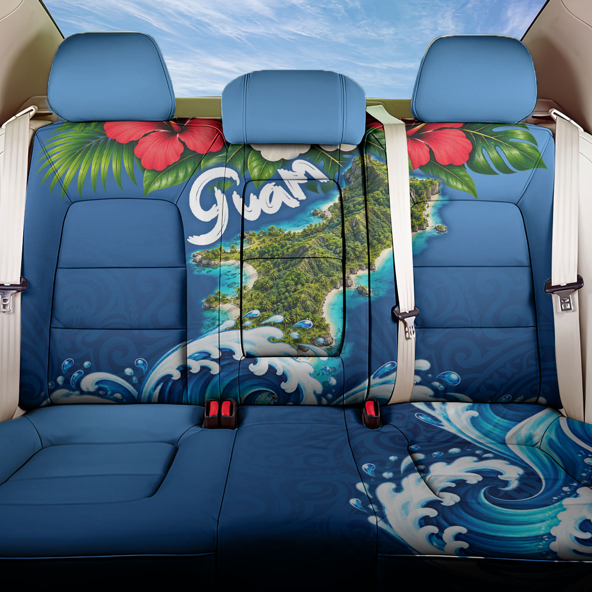 Guam Tropical Island Back Car Seat Cover Hibiscus Floral Ocean Waves TS04 One Size Blue Red - Polynesian Pride