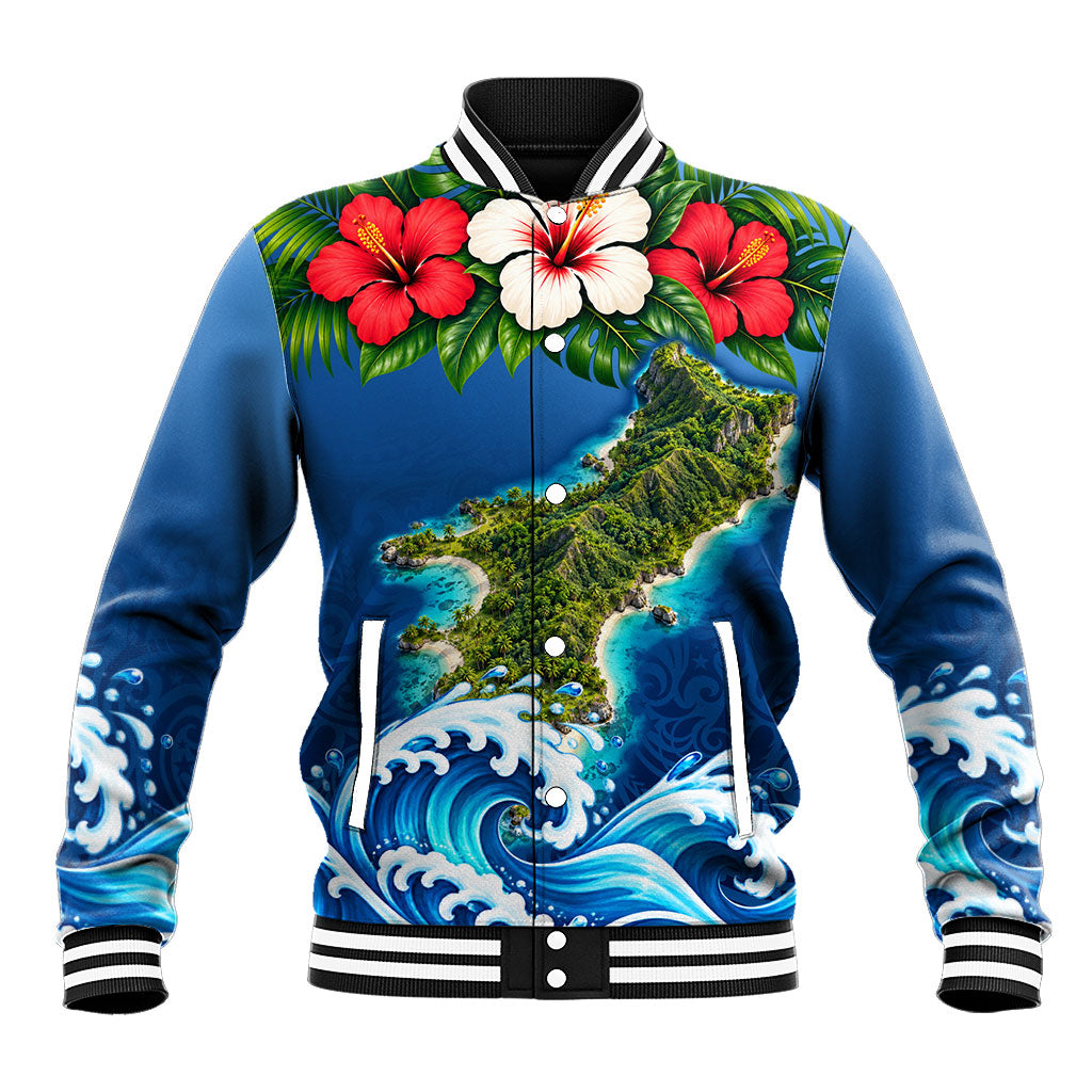 Guam Tropical Island Baseball Jacket Hibiscus Floral Ocean Waves TS04 Unisex Blue Red - Polynesian Pride