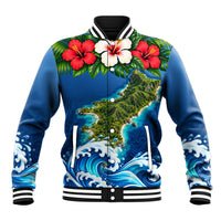 Guam Tropical Island Baseball Jacket Hibiscus Floral Ocean Waves TS04 Unisex Blue Red - Polynesian Pride