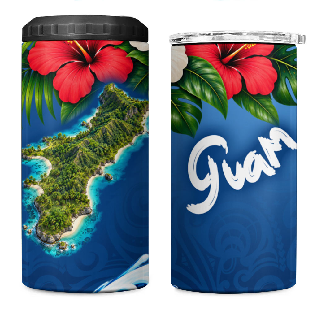 Guam Tropical Island 4 in 1 Can Cooler Tumbler Hibiscus Floral Ocean Waves TS04 One Size: 16 oz Blue Red - Polynesian Pride