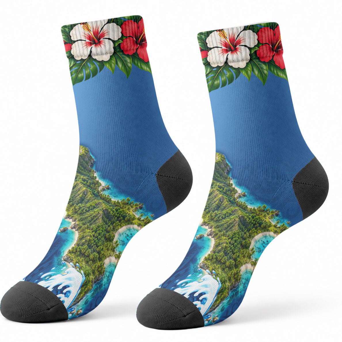 Guam Tropical Island Crew Socks Hibiscus Floral Ocean Waves TS04 - Polynesian Pride