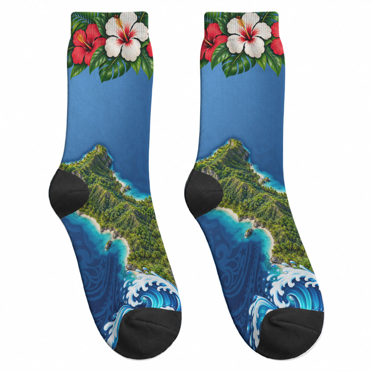 Guam Tropical Island Crew Socks Hibiscus Floral Ocean Waves TS04 - Polynesian Pride