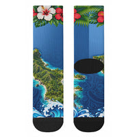 Guam Tropical Island Crew Socks Hibiscus Floral Ocean Waves TS04 - Polynesian Pride