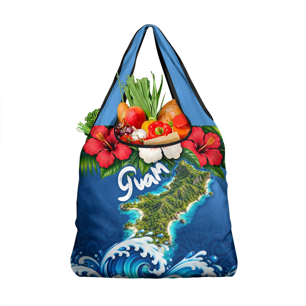 Guam Tropical Island Grocery Bag Hibiscus Floral Ocean Waves TS04 1-pack One Size Blue Red - Polynesian Pride