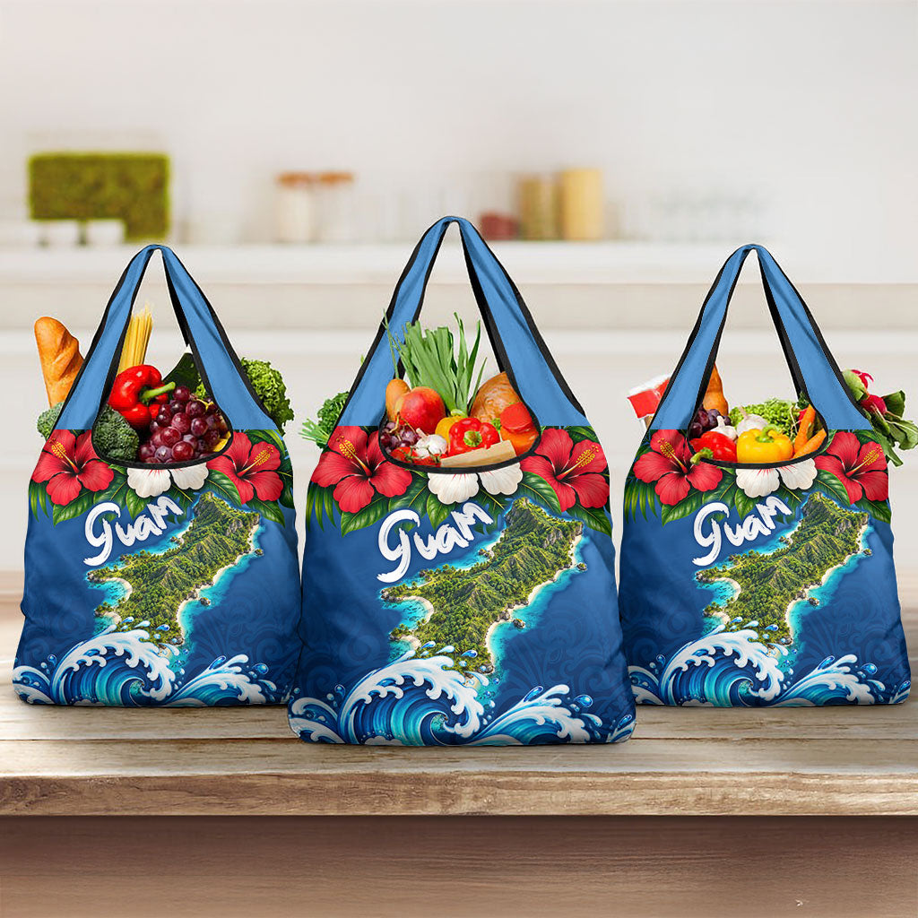 Guam Tropical Island Grocery Bag Hibiscus Floral Ocean Waves TS04 3-pack One Size Blue Red - Polynesian Pride