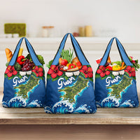 Guam Tropical Island Grocery Bag Hibiscus Floral Ocean Waves TS04 3-pack One Size Blue Red - Polynesian Pride