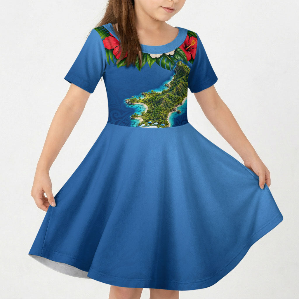 Guam Tropical Island Kid Short Sleeve Dress Hibiscus Floral Ocean Waves TS04 KID Blue Red - Polynesian Pride