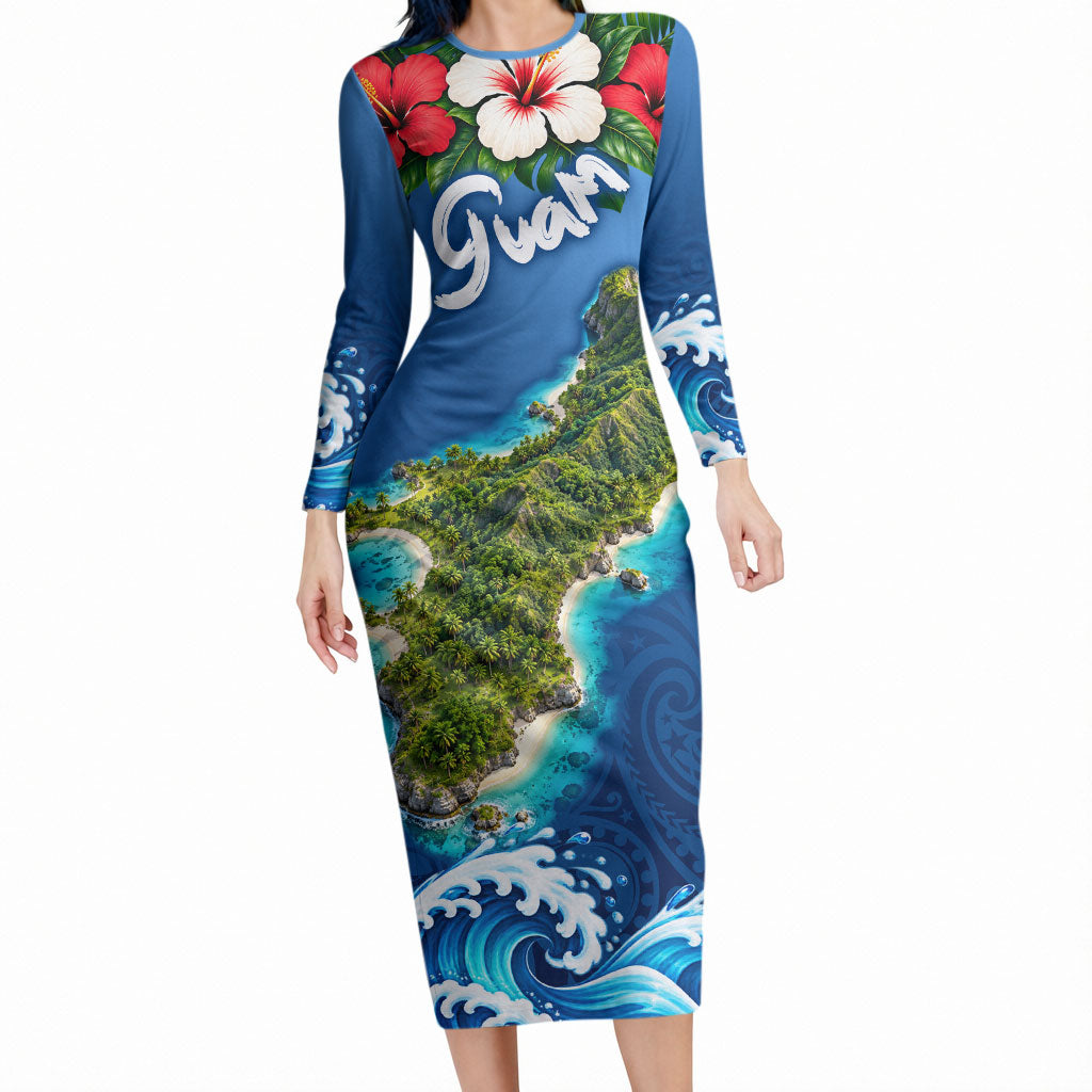 Guam Tropical Island Long Sleeve Bodycon Dress Hibiscus Floral Ocean Waves TS04 Long Dress Blue Red - Polynesian Pride