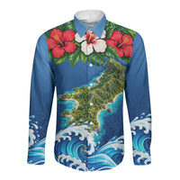 Guam Tropical Island Long Sleeve Button Shirt Hibiscus Floral Ocean Waves TS04 Unisex Blue Red - Polynesian Pride