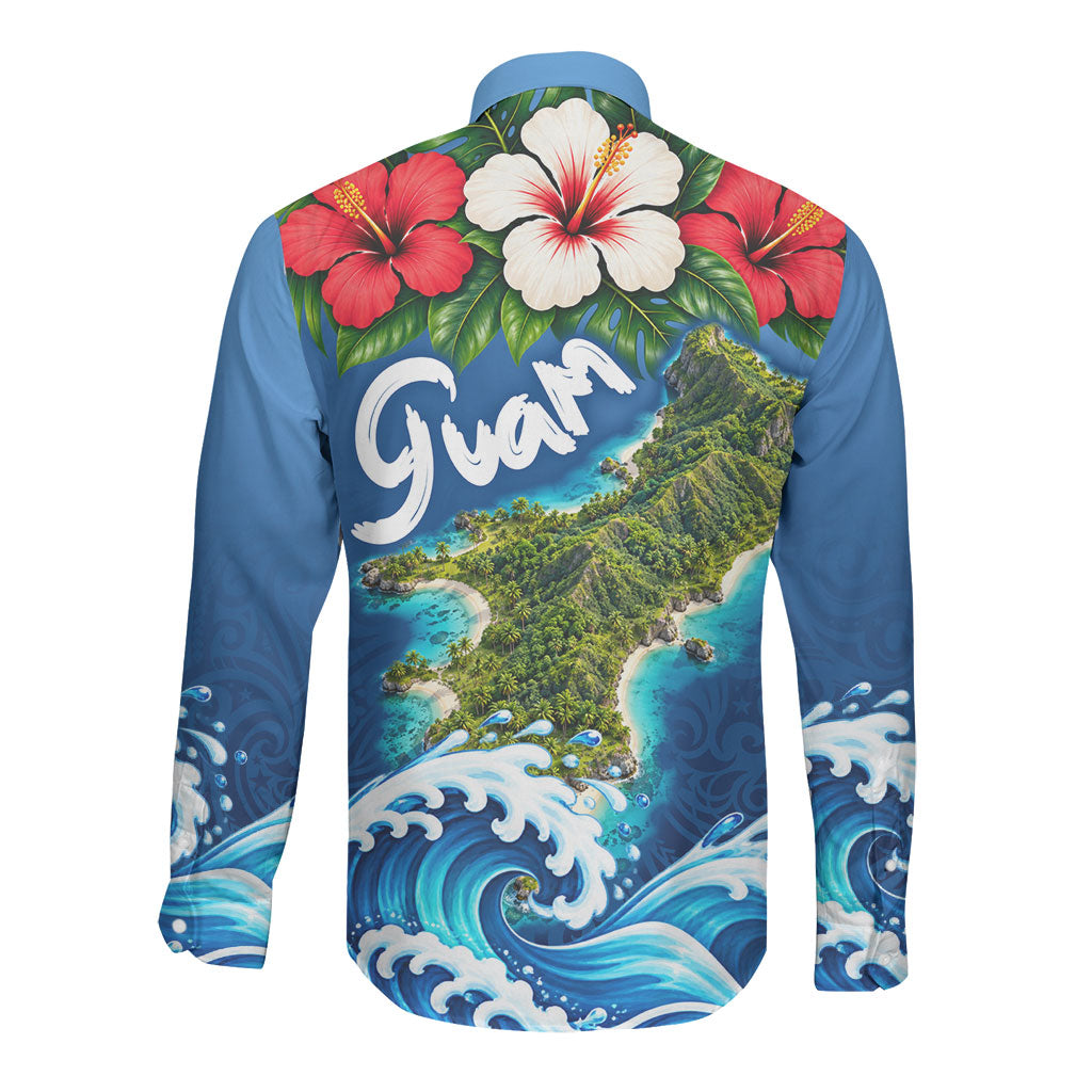 Guam Tropical Island Long Sleeve Button Shirt Hibiscus Floral Ocean Waves TS04 - Polynesian Pride