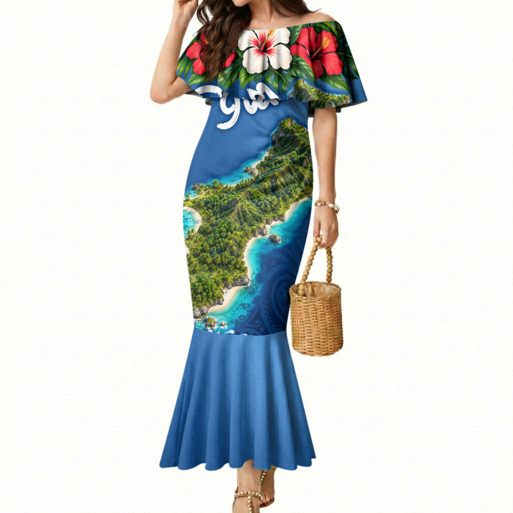 Guam Tropical Island Mermaid Dress Hibiscus Floral Ocean Waves TS04 Women Blue Red - Polynesian Pride