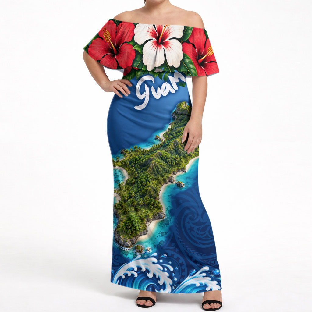 Guam Tropical Island Off Shoulder Maxi Dress Hibiscus Floral Ocean Waves TS04 Women Blue Red - Polynesian Pride