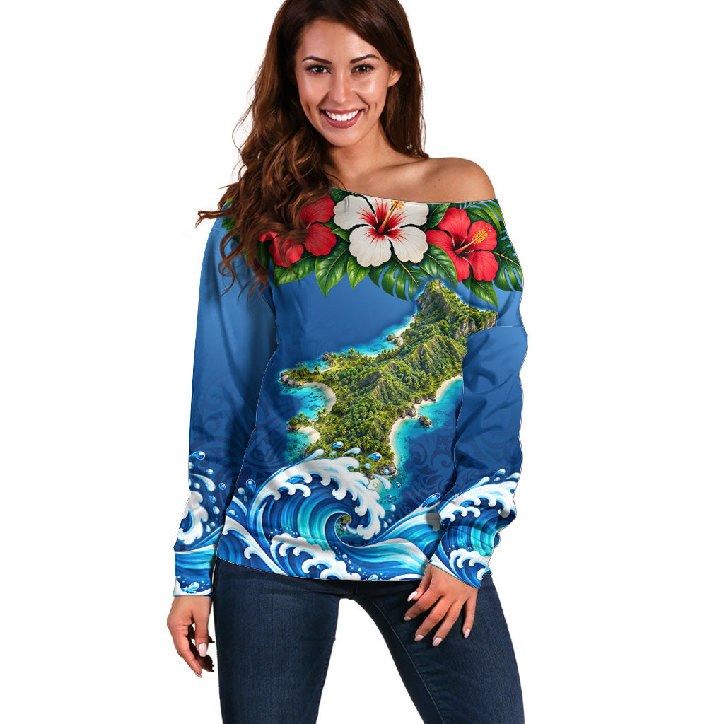 Guam Tropical Island Off Shoulder Sweater Hibiscus Floral Ocean Waves TS04 Women Blue Red - Polynesian Pride