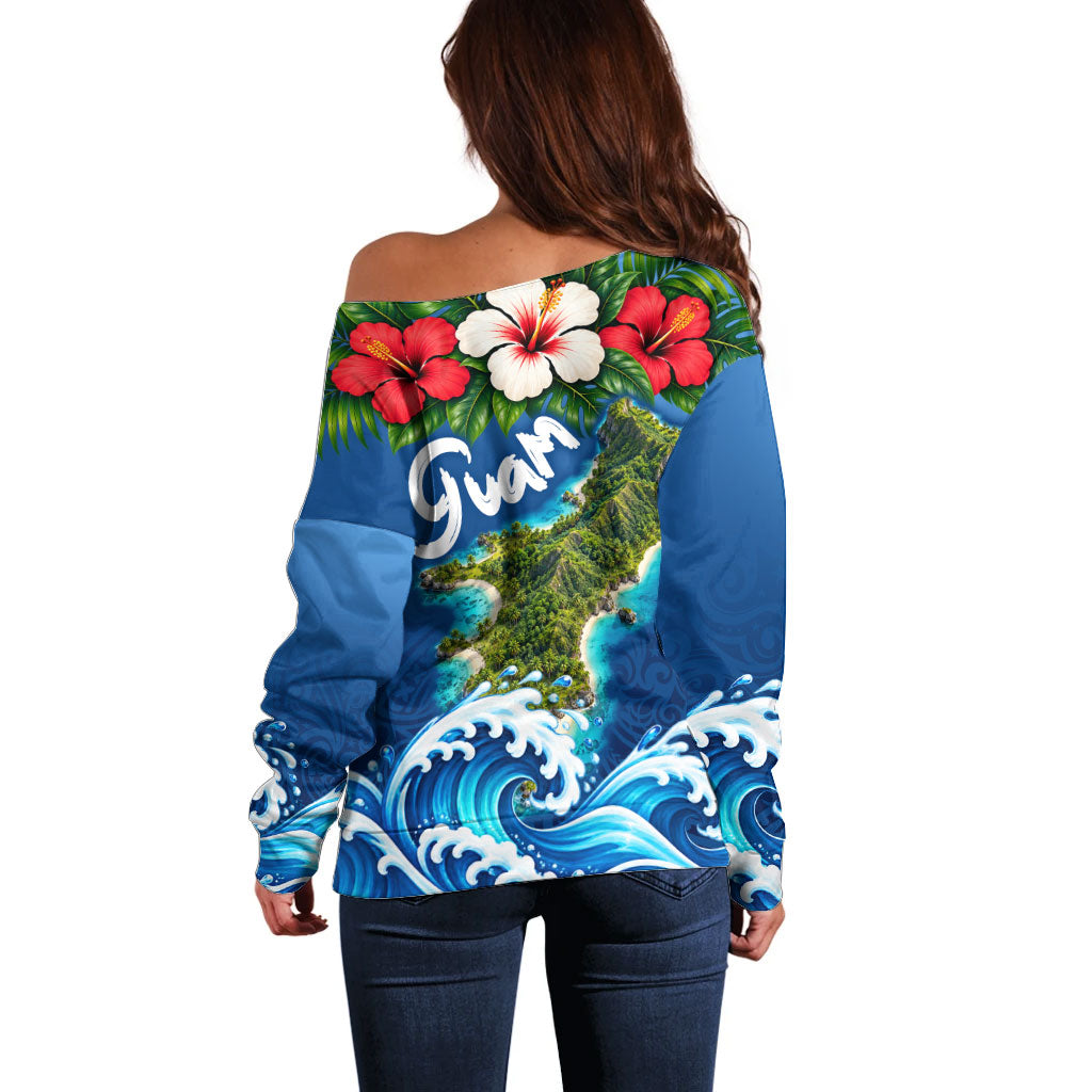Guam Tropical Island Off Shoulder Sweater Hibiscus Floral Ocean Waves TS04 - Polynesian Pride