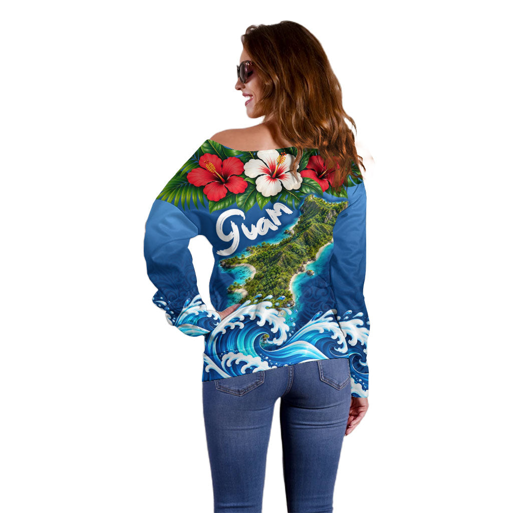 Guam Tropical Island Off Shoulder Sweater Hibiscus Floral Ocean Waves TS04 - Polynesian Pride