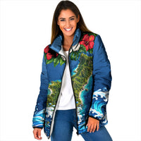 Guam Tropical Island Padded Jacket Hibiscus Floral Ocean Waves TS04 Women Blue Red - Polynesian Pride