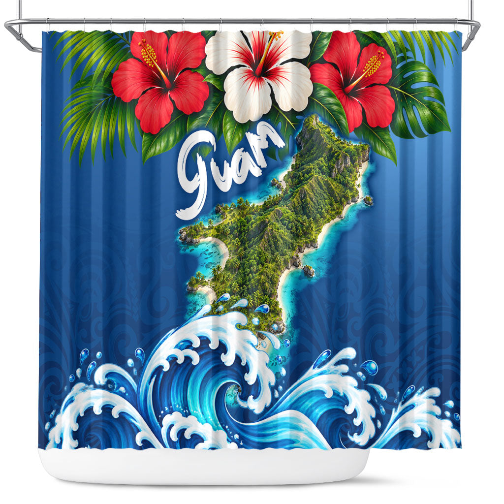 Guam Tropical Island Shower Curtain Hibiscus Floral Ocean Waves TS04 Blue Red - Polynesian Pride