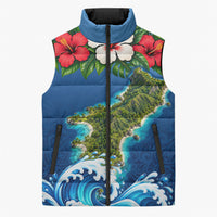 Guam Tropical Island Sleeveless Puffer Jacket Hibiscus Floral Ocean Waves TS04 Unisex Blue Red - Polynesian Pride