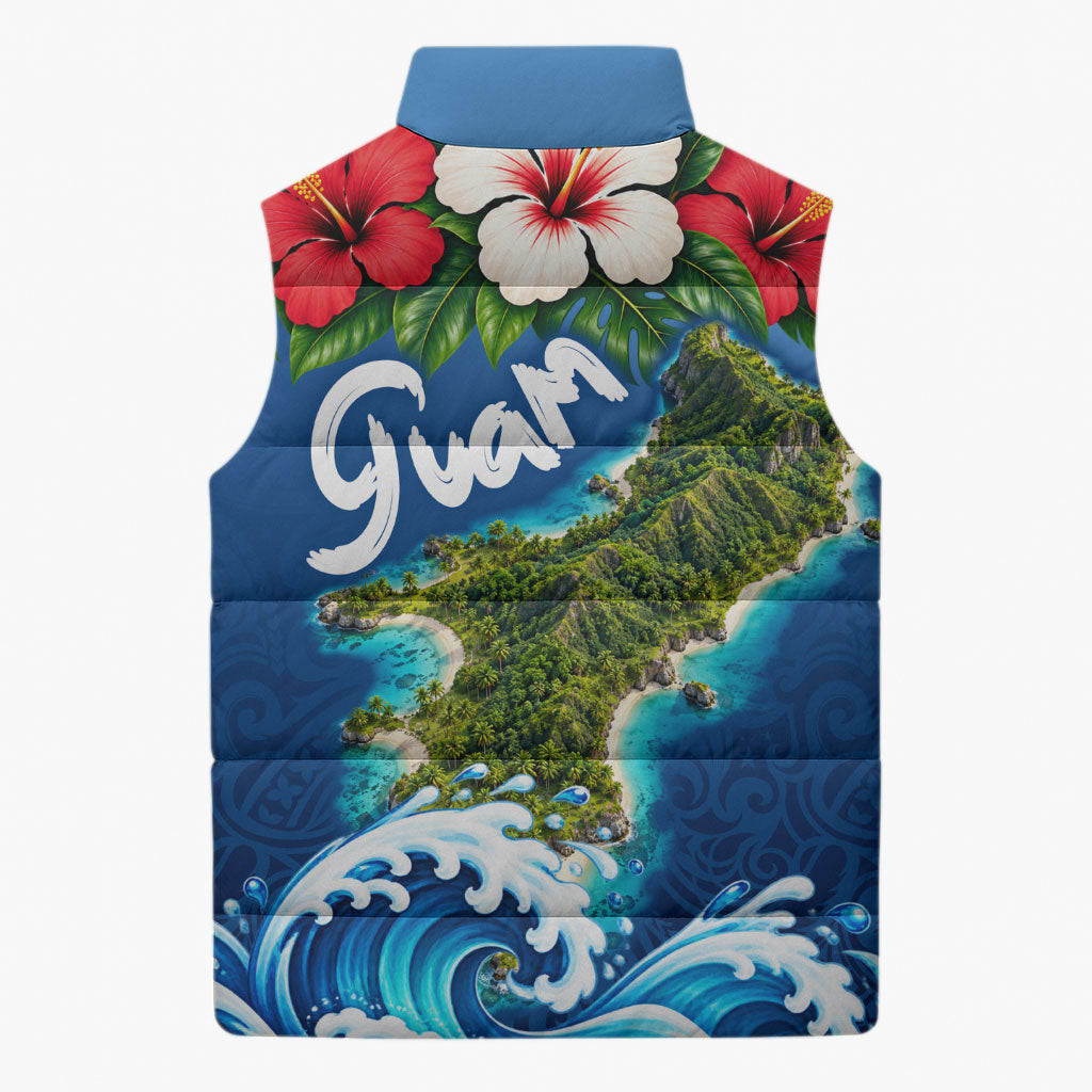 Guam Tropical Island Sleeveless Puffer Jacket Hibiscus Floral Ocean Waves TS04 - Polynesian Pride