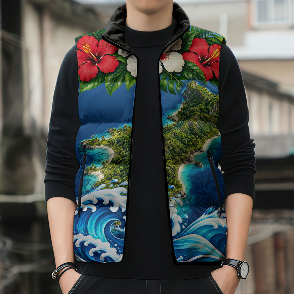 Guam Tropical Island Sleeveless Puffer Jacket Hibiscus Floral Ocean Waves TS04 - Polynesian Pride