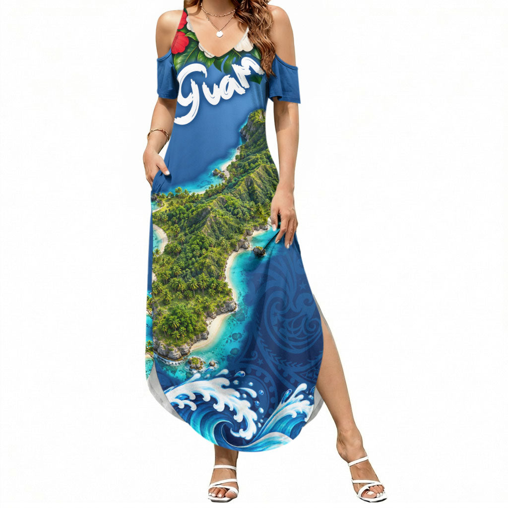 Guam Tropical Island Summer Maxi Dress Hibiscus Floral Ocean Waves TS04 Women Blue Red - Polynesian Pride