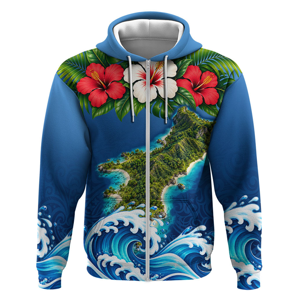 Guam Tropical Island Zip Hoodie Hibiscus Floral Ocean Waves TS04 Zip Hoodie Blue Red - Polynesian Pride