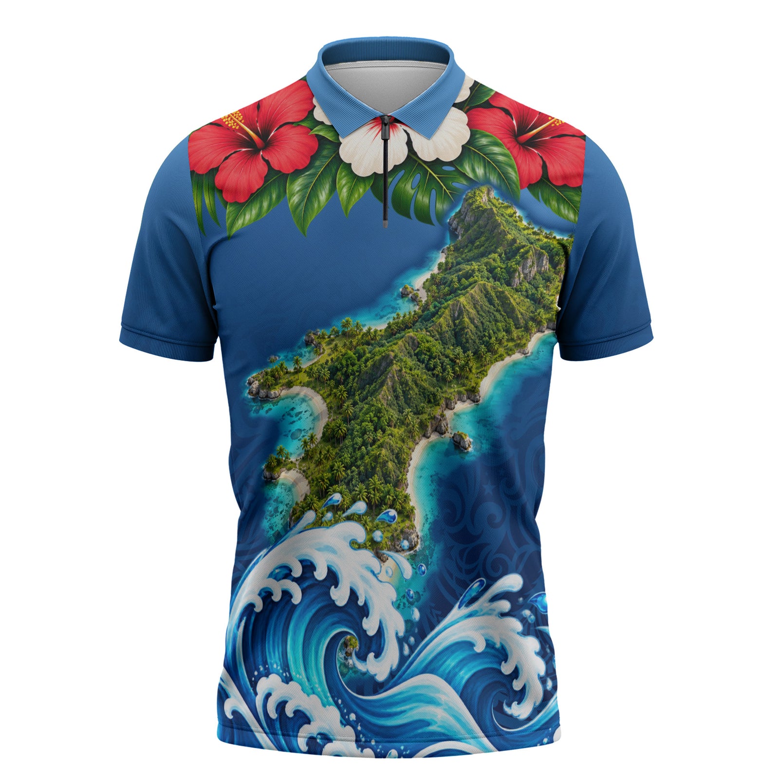 Guam Tropical Island Zipper Polo Shirt Hibiscus Floral Ocean Waves TS04 Blue Red - Polynesian Pride