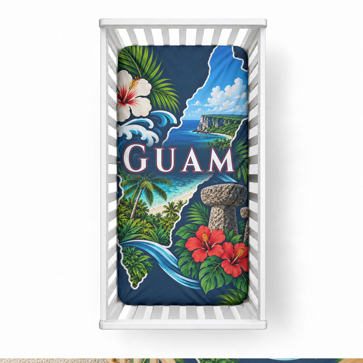 Guam Map Latte Stone Baby Bed Cover Hibiscus Floral Coastal Landscape TS04 28 × 52 in Blue Red - Polynesian Pride
